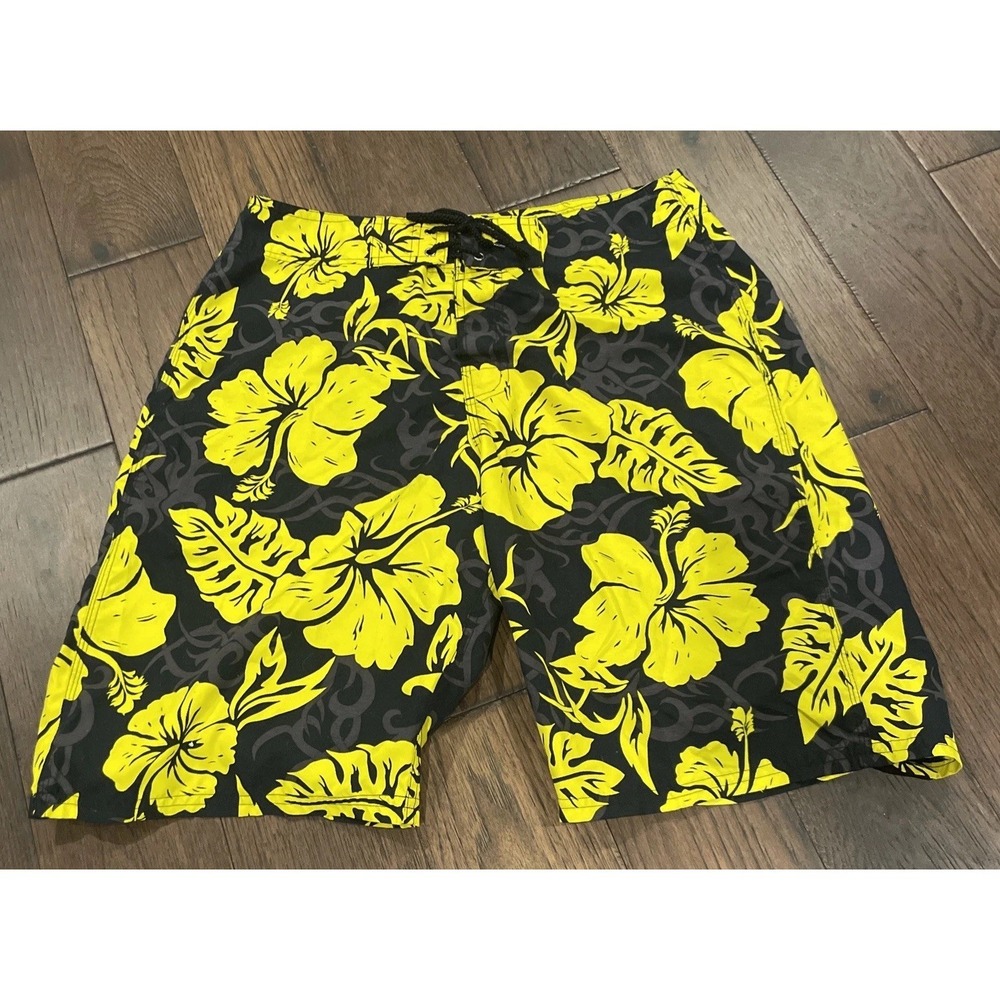 Vintage POINT ZERO‎ Board Shorts Men M Black Yellow Swim Trunks Pockets